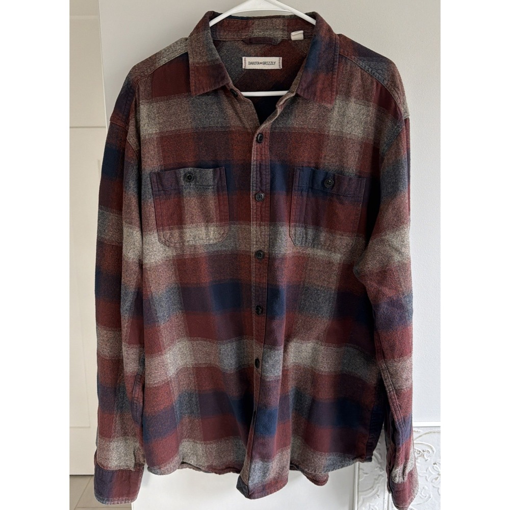 Dakota Grizzly Flannel Button Down Shirt Men's XL Navy Burgundy Tan Cotton - Picture 7 of 10